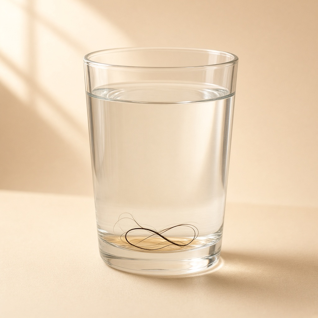 Hair strand resting at the bottom of a water glass — high porosity float test