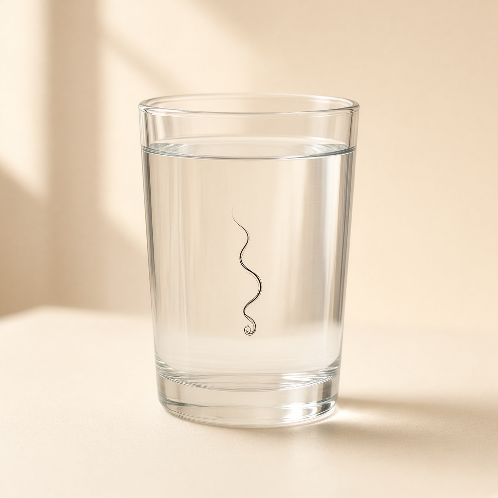 Hair strand suspended mid-way in a water glass — medium porosity float test