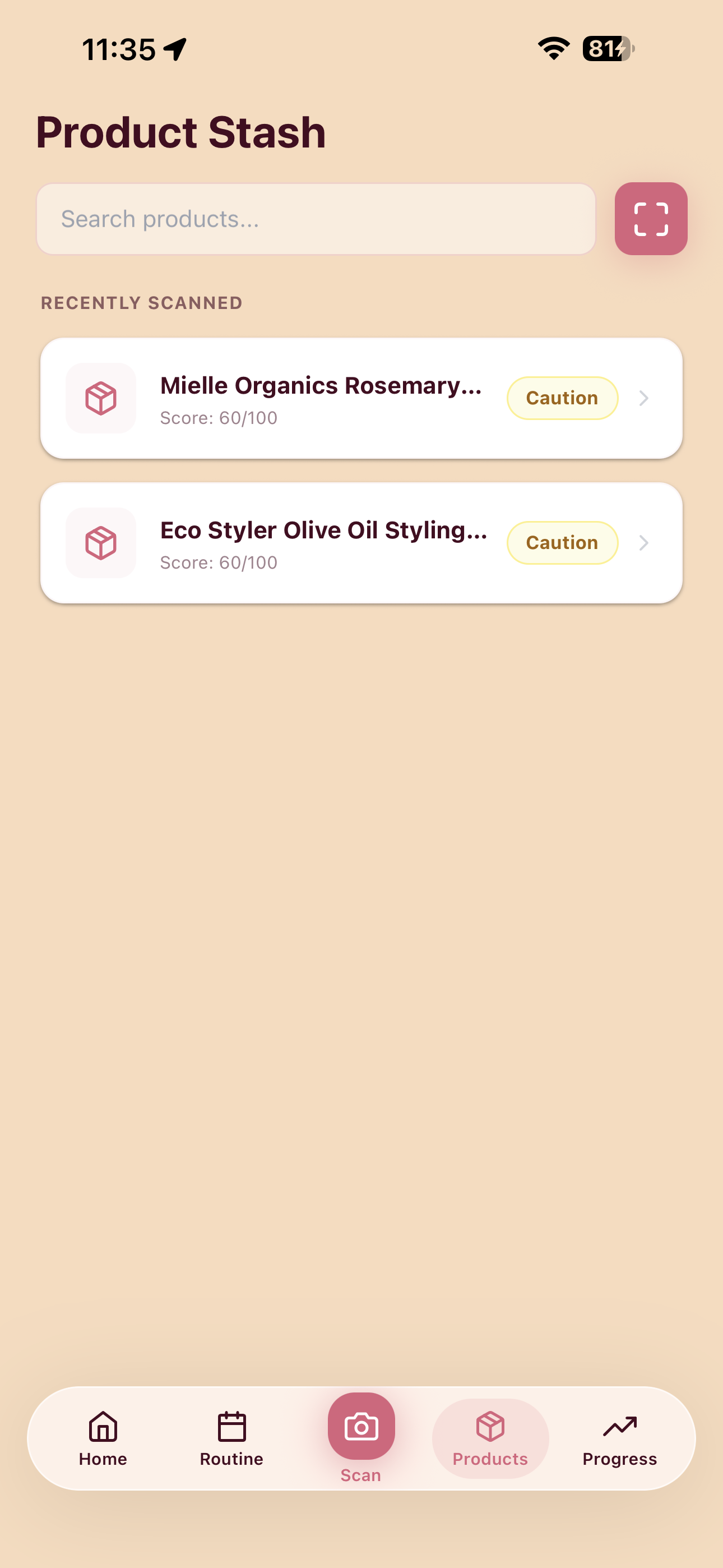 Curltine product scanner showing recently scanned hair products with ingredient scores