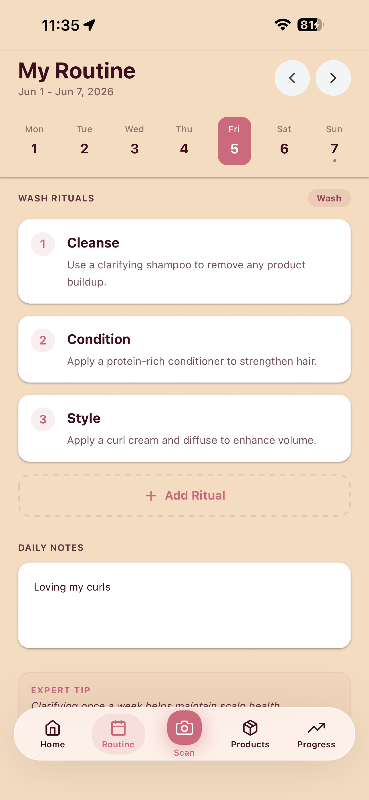 Curltine weekly routine with wash rituals and daily notes